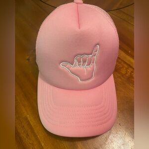Pink Trucker Hat with Hang Loose Hand Gesture Embroidery